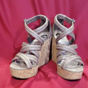 Tory Burch taupe grey reptile embossed cork wedges strappy